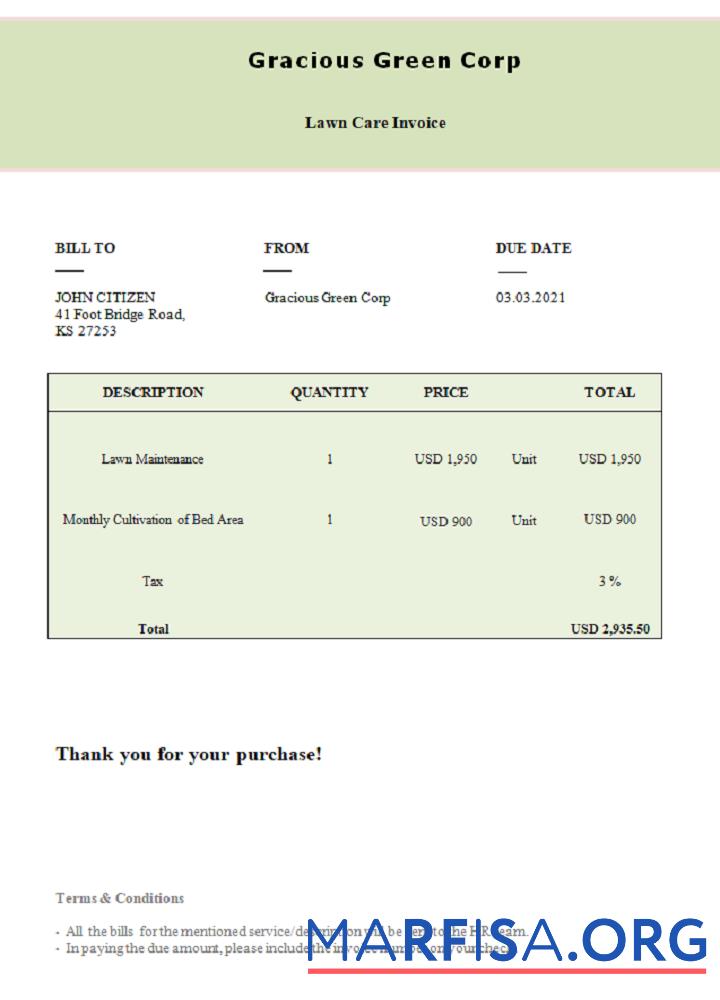 Blank USA Gracious Green Corp invoice real example